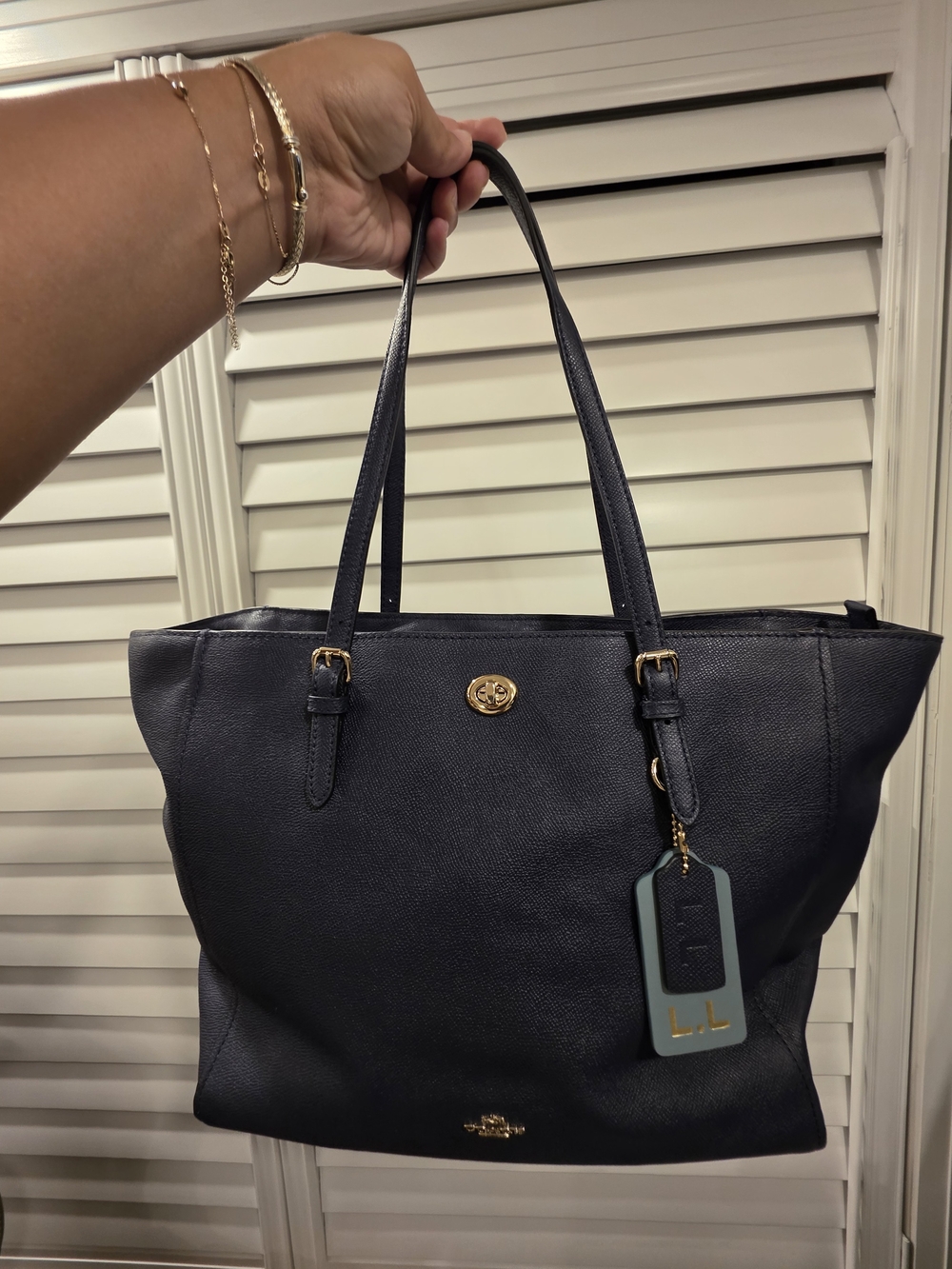 Navy Leather Tote Bag with Gold Accents